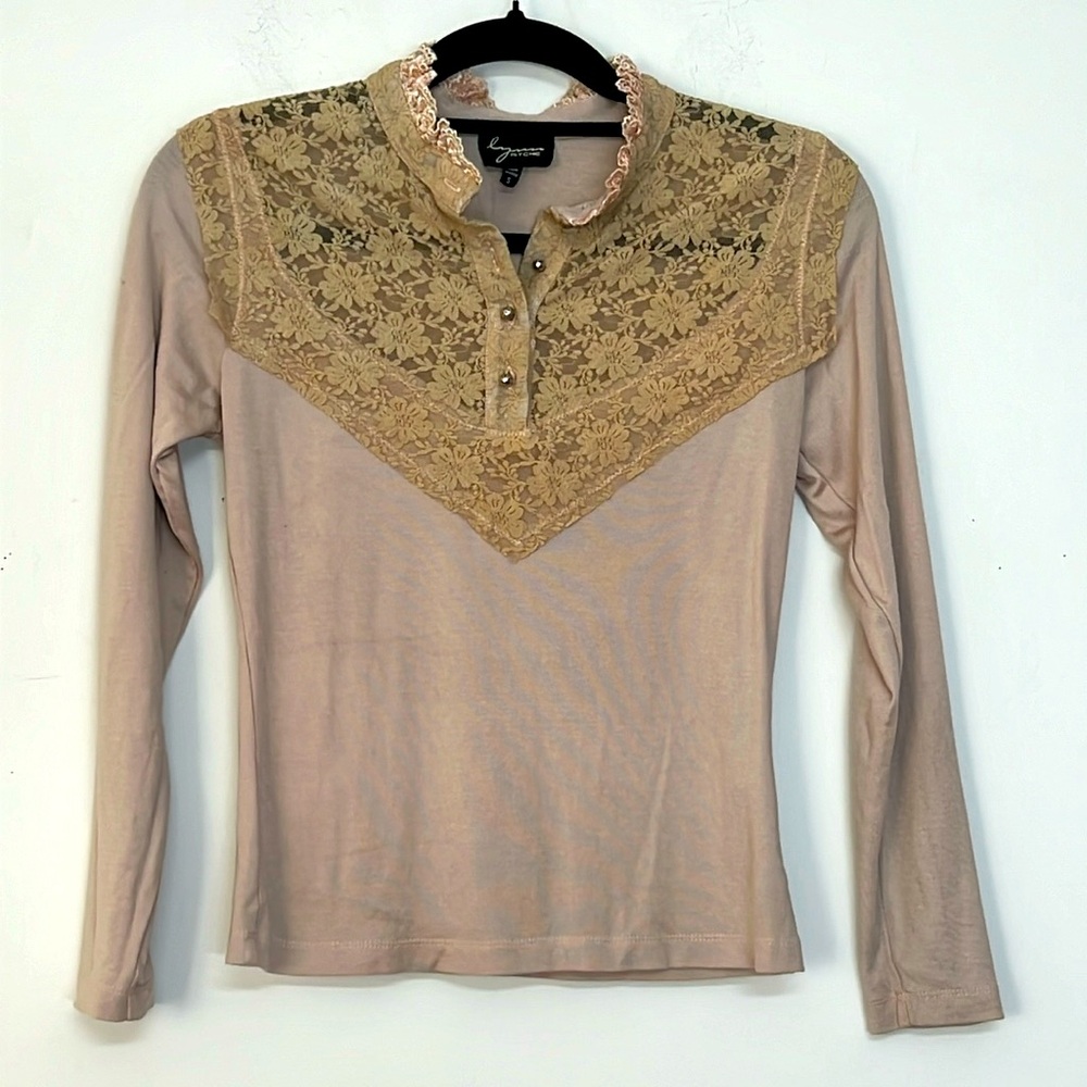 🌞 Lynn Ritchie vintage 80s romantic tan long sleeve silk blend & lace blouse S